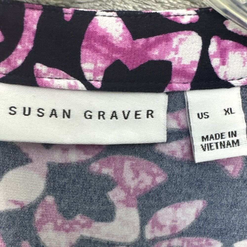 susan graver xl top tunic black pink multicolored geometric vneck 3/4 sleeve - Picture 2 of 9